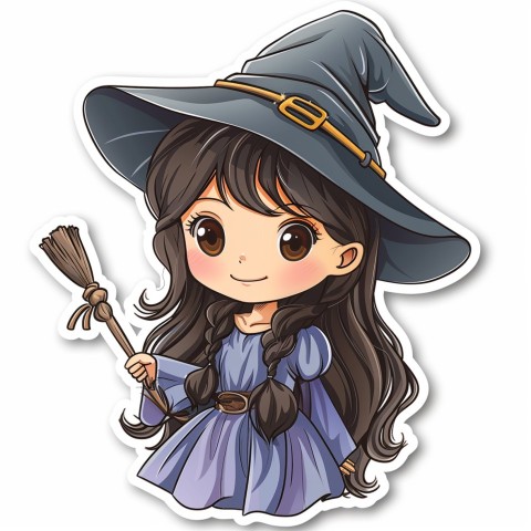 Cute Kawaii Stickers Tiny Witch with Pointy Hat and Magic Wand on White Background (86)