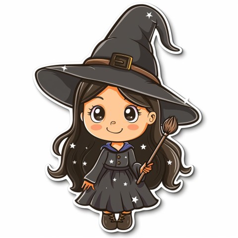 Cute Kawaii Stickers Tiny Witch with Pointy Hat and Magic Wand on White Background (89)