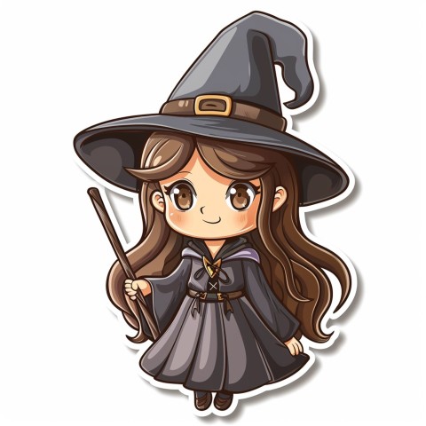 Cute Kawaii Stickers Tiny Witch with Pointy Hat and Magic Wand on White Background (105)