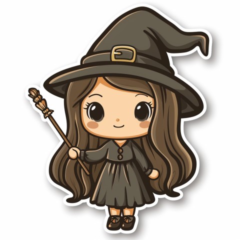 Cute Kawaii Stickers Tiny Witch with Pointy Hat and Magic Wand on White Background (111)