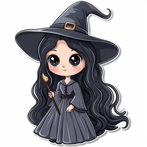 Cute Kawaii Stickers Tiny Witch with Pointy Hat and Magic Wand on White Background (121)