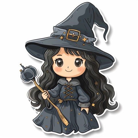 Cute Kawaii Stickers Tiny Witch with Pointy Hat and Magic Wand on White Background (103)