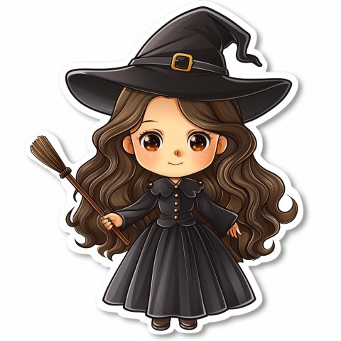 Cute Kawaii Stickers Tiny Witch with Pointy Hat and Magic Wand on White Background (123)