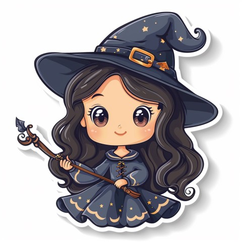 Cute Kawaii Stickers Tiny Witch with Pointy Hat and Magic Wand on White Background (102)