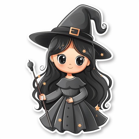 Cute Kawaii Stickers Tiny Witch with Pointy Hat and Magic Wand on White Background (115)