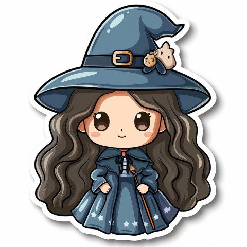 Cute Kawaii Stickers Tiny Witch with Pointy Hat and Magic Wand on White Background (104)