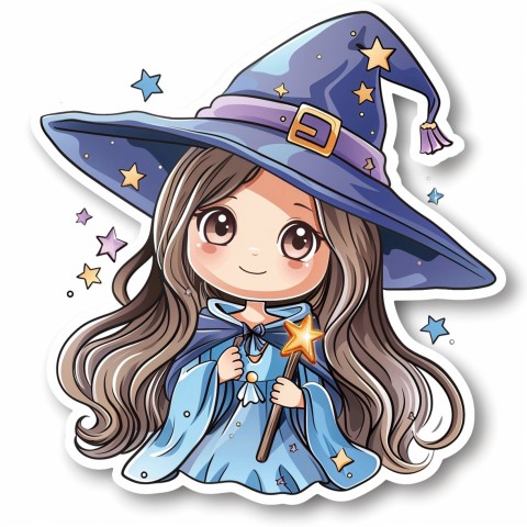 Cute Kawaii Stickers Tiny Witch with Pointy Hat and Magic Wand on White Background (126)