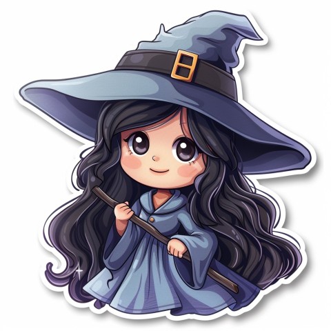 Cute Kawaii Stickers Tiny Witch with Pointy Hat and Magic Wand on White Background (119)