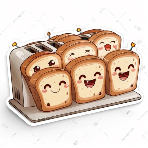 Cute Kawaii Stickers Quirky Toaster with Joyful Bread Slices on White Background (8)