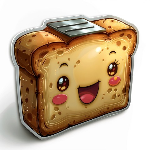 Cute Kawaii Stickers Quirky Toaster with Joyful Bread Slices on White Background (5)