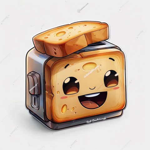 Cute Kawaii Stickers Quirky Toaster with Joyful Bread Slices on White Background (36)