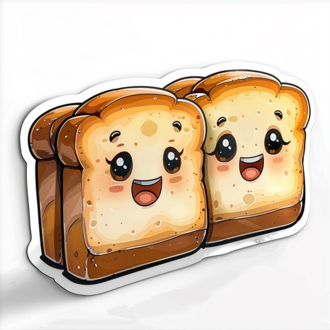 Cute Kawaii Stickers Quirky Toaster with Joyful Bread Slices on White Background (28)