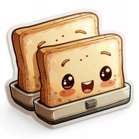 Cute Kawaii Stickers Quirky Toaster with Joyful Bread Slices on White Background (51)