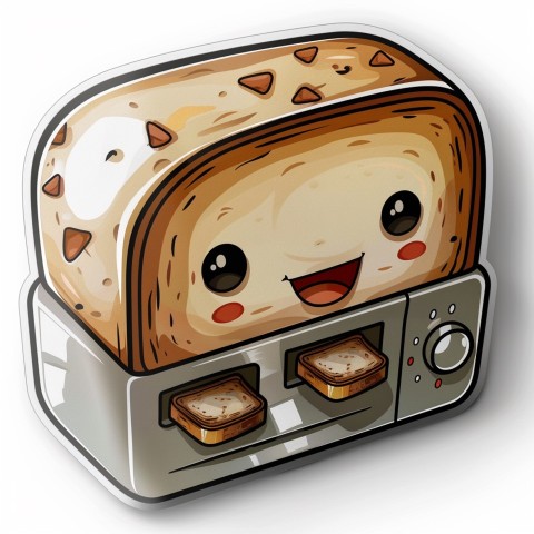 Cute Kawaii Stickers Quirky Toaster with Joyful Bread Slices on White Background (41)