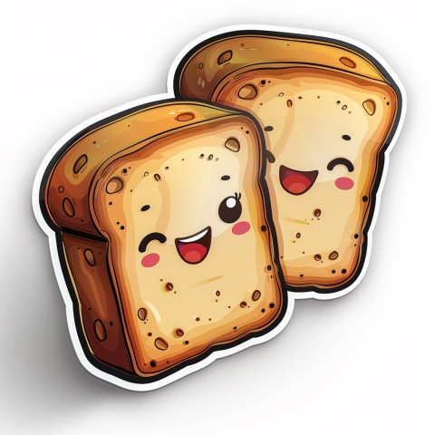 Cute Kawaii Stickers Quirky Toaster with Joyful Bread Slices on White Background (46)