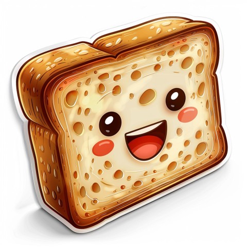 Cute Kawaii Stickers Quirky Toaster with Joyful Bread Slices on White Background (43)