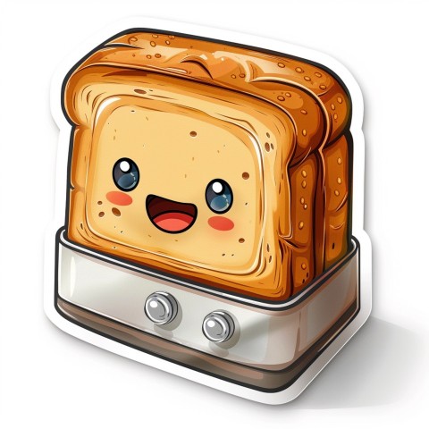 Cute Kawaii Stickers Quirky Toaster with Joyful Bread Slices on White Background (73)