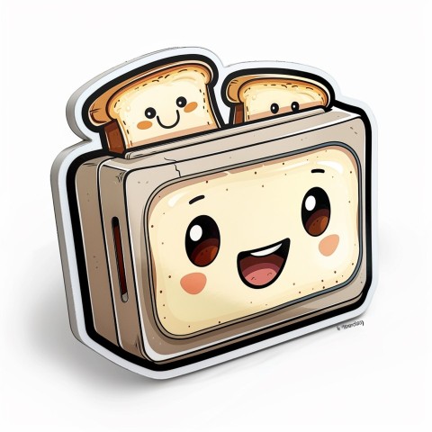 Cute Kawaii Stickers Quirky Toaster with Joyful Bread Slices on White Background (97)