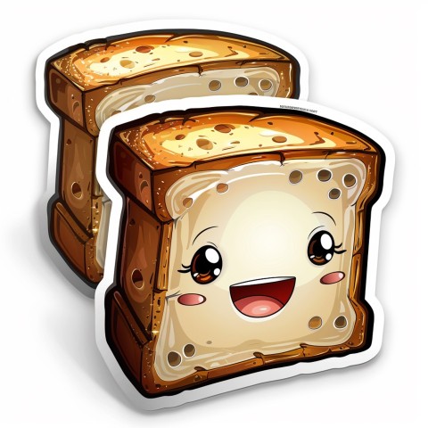 Cute Kawaii Stickers Quirky Toaster with Joyful Bread Slices on White Background (91)