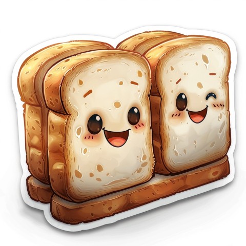 Cute Kawaii Stickers Quirky Toaster with Joyful Bread Slices on White Background (81)