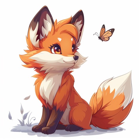 Cute Kawaii Stickers Red Fox with Oversized Ears and Fluffy Tail Curiously Eyeing a Butterfly on White Background (13)