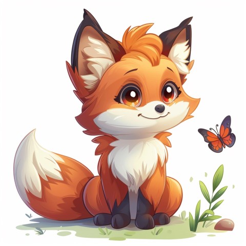 Cute Kawaii Stickers Red Fox with Oversized Ears and Fluffy Tail Curiously Eyeing a Butterfly on White Background (6)