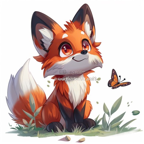 Cute Kawaii Stickers Red Fox with Oversized Ears and Fluffy Tail Curiously Eyeing a Butterfly on White Background (16)