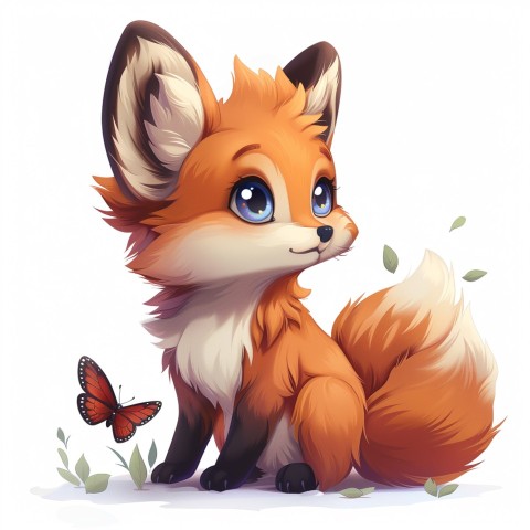 Cute Kawaii Stickers Red Fox with Oversized Ears and Fluffy Tail Curiously Eyeing a Butterfly on White Background (19)