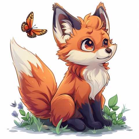 Cute Kawaii Stickers Red Fox with Oversized Ears and Fluffy Tail Curiously Eyeing a Butterfly on White Background (11)