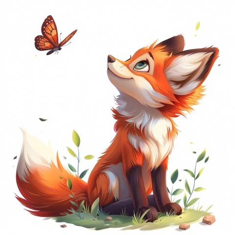 Cute Kawaii Stickers Red Fox with Oversized Ears and Fluffy Tail Curiously Eyeing a Butterfly on White Background (14)