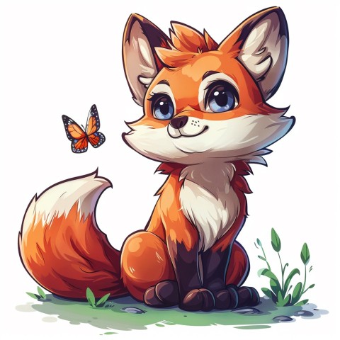 Cute Kawaii Stickers Red Fox with Oversized Ears and Fluffy Tail Curiously Eyeing a Butterfly on White Background (18)