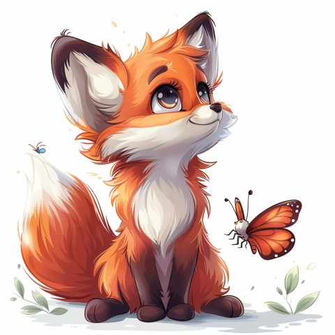 Cute Kawaii Stickers Red Fox with Oversized Ears and Fluffy Tail Curiously Eyeing a Butterfly on White Background (20)