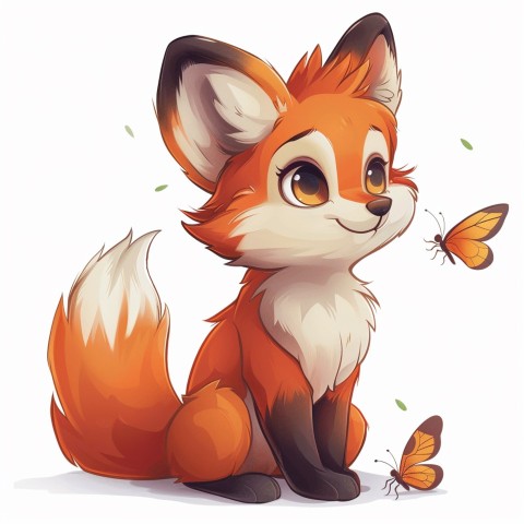 Cute Kawaii Stickers Red Fox with Oversized Ears and Fluffy Tail Curiously Eyeing a Butterfly on White Background (22)