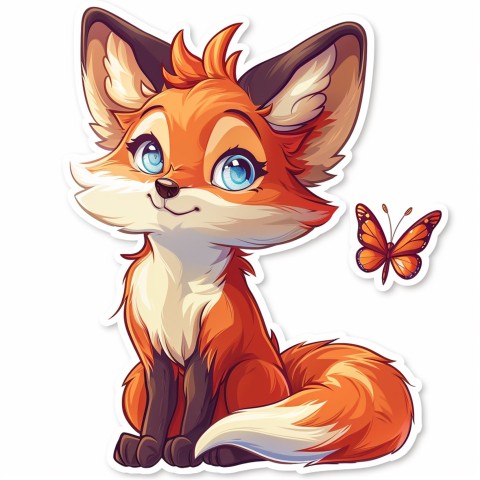 Cute Kawaii Stickers Red Fox with Oversized Ears and Fluffy Tail Curiously Eyeing a Butterfly on White Background (30)