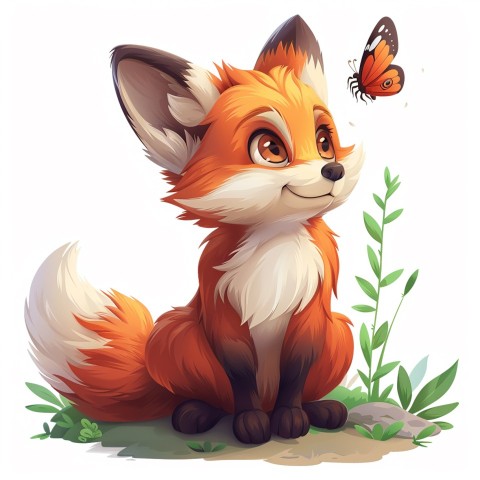 Cute Kawaii Stickers Red Fox with Oversized Ears and Fluffy Tail Curiously Eyeing a Butterfly on White Background (27)