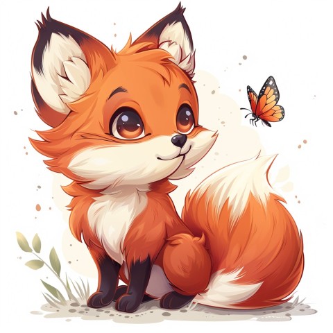 Cute Kawaii Stickers Red Fox with Oversized Ears and Fluffy Tail Curiously Eyeing a Butterfly on White Background (36)