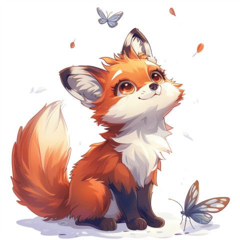 Cute Kawaii Stickers Red Fox with Oversized Ears and Fluffy Tail Curiously Eyeing a Butterfly on White Background (21)