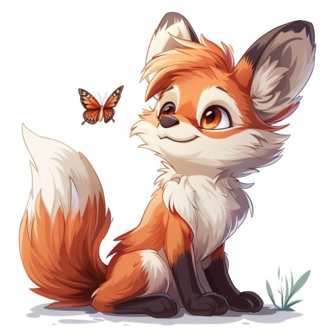 Cute Kawaii Stickers Red Fox with Oversized Ears and Fluffy Tail Curiously Eyeing a Butterfly on White Background (26)