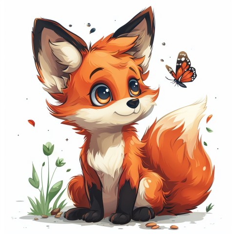 Cute Kawaii Stickers Red Fox with Oversized Ears and Fluffy Tail Curiously Eyeing a Butterfly on White Background (35)