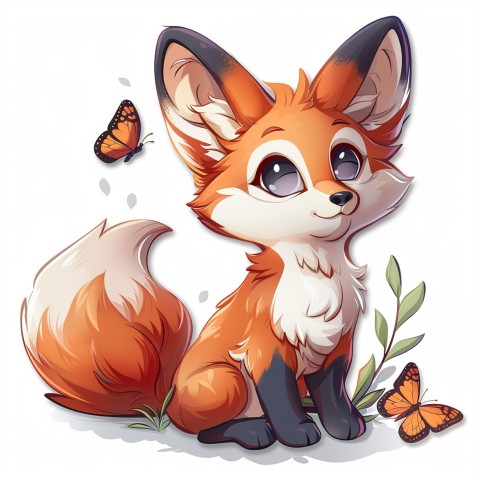 Cute Kawaii Stickers Red Fox with Oversized Ears and Fluffy Tail Curiously Eyeing a Butterfly on White Background (24)