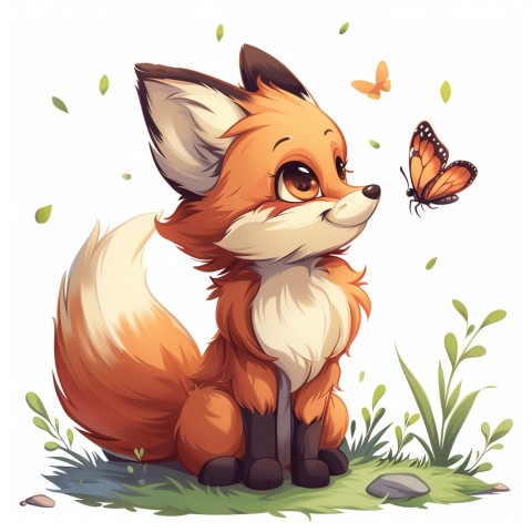 Cute Kawaii Stickers Red Fox with Oversized Ears and Fluffy Tail Curiously Eyeing a Butterfly on White Background (23)