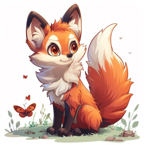 Cute Kawaii Stickers Red Fox with Oversized Ears and Fluffy Tail Curiously Eyeing a Butterfly on White Background (40)