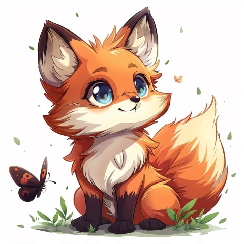 Cute Kawaii Stickers Red Fox with Oversized Ears and Fluffy Tail Curiously Eyeing a Butterfly on White Background (31)