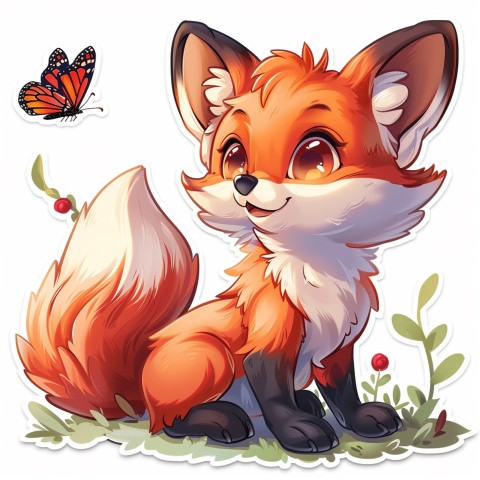 Cute Kawaii Stickers Red Fox with Oversized Ears and Fluffy Tail Curiously Eyeing a Butterfly on White Background (25)