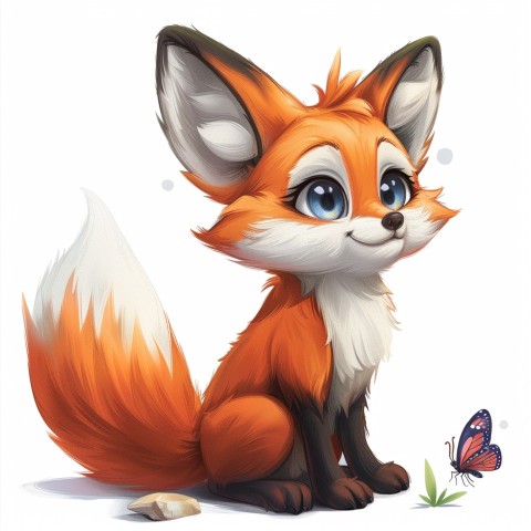 Cute Kawaii Stickers Red Fox with Oversized Ears and Fluffy Tail Curiously Eyeing a Butterfly on White Background (55)