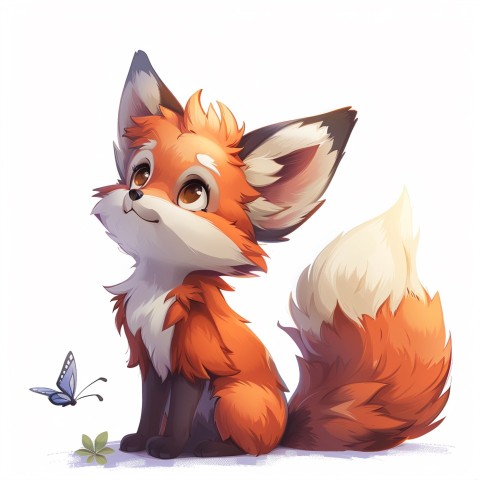 Cute Kawaii Stickers Red Fox with Oversized Ears and Fluffy Tail Curiously Eyeing a Butterfly on White Background (50)