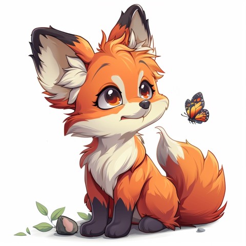 Cute Kawaii Stickers Red Fox with Oversized Ears and Fluffy Tail Curiously Eyeing a Butterfly on White Background (29)