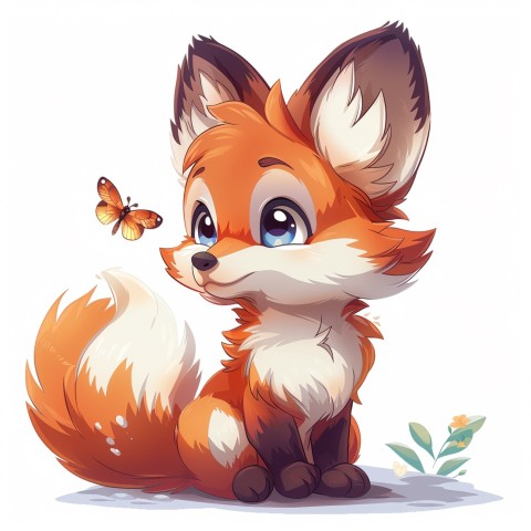 Cute Kawaii Stickers Red Fox with Oversized Ears and Fluffy Tail Curiously Eyeing a Butterfly on White Background (39)