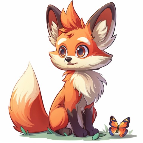 Cute Kawaii Stickers Red Fox with Oversized Ears and Fluffy Tail Curiously Eyeing a Butterfly on White Background (32)