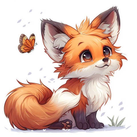 Cute Kawaii Stickers Red Fox with Oversized Ears and Fluffy Tail Curiously Eyeing a Butterfly on White Background (34)